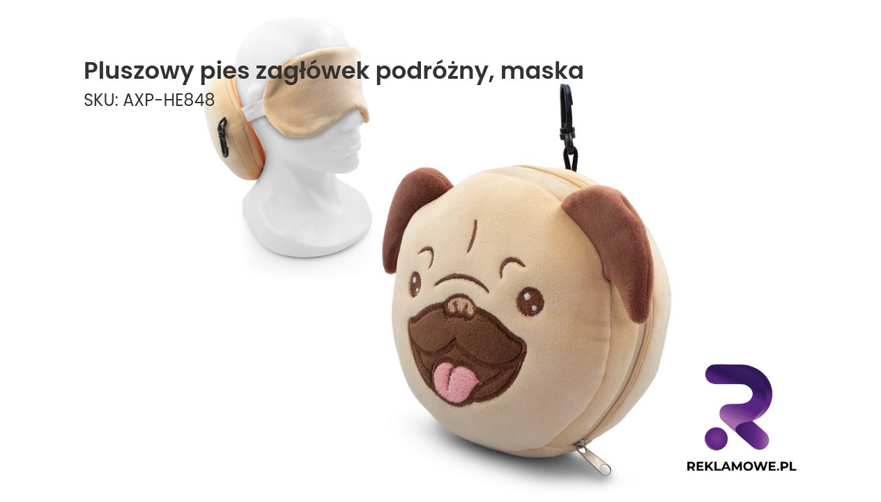 Pluszowy pies służący jako zagłówek podróżny z funkcją maski